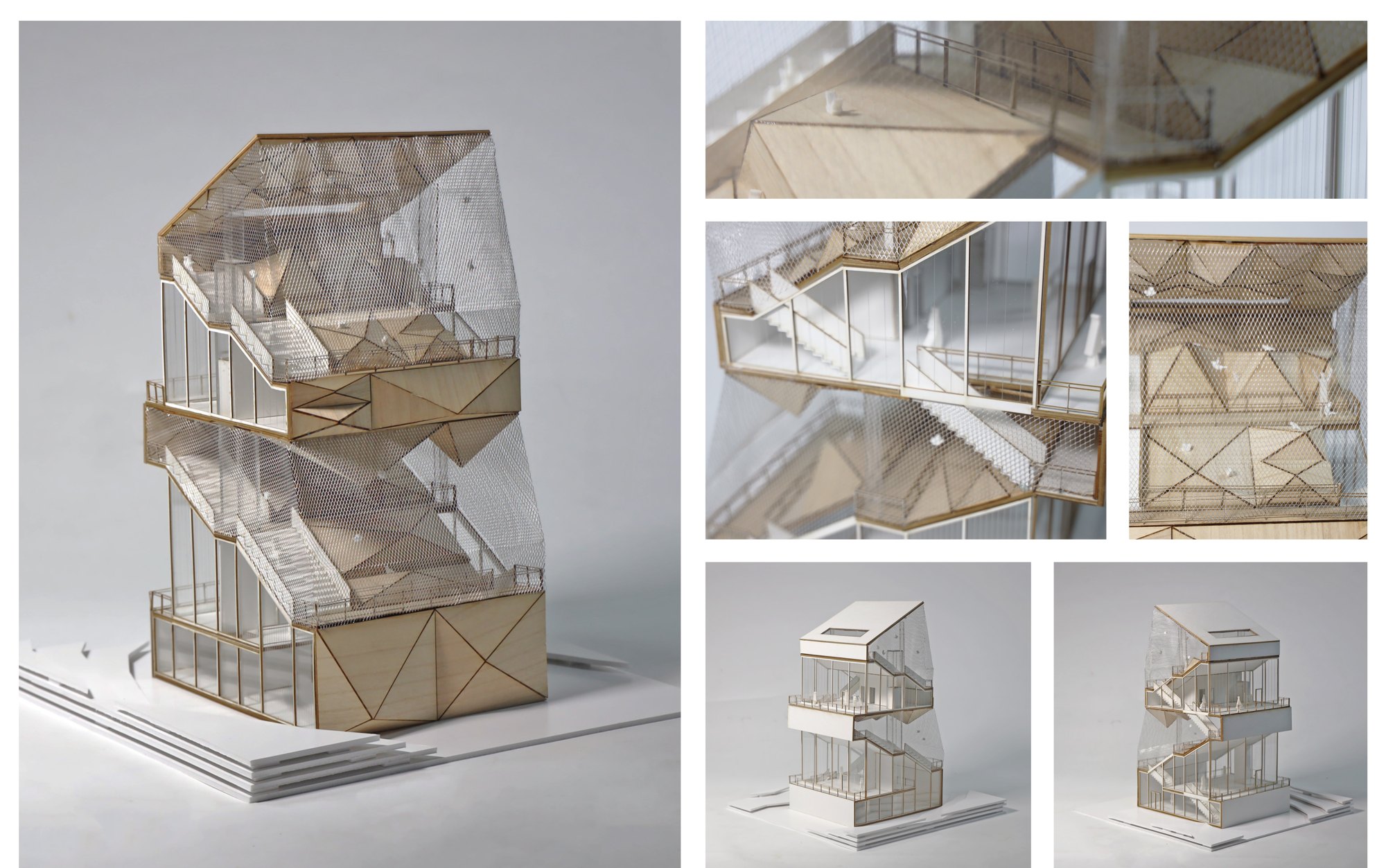 Physical model studies of the mesh canopy and timber structure.