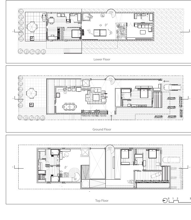 Lower, ground, and top floor plans.