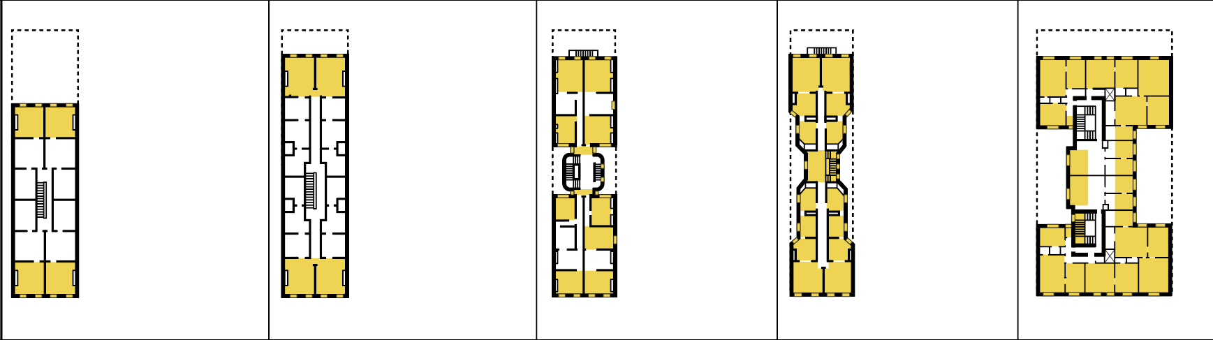 Plans showing the evolution of narrow rowhouse and tenement layouts