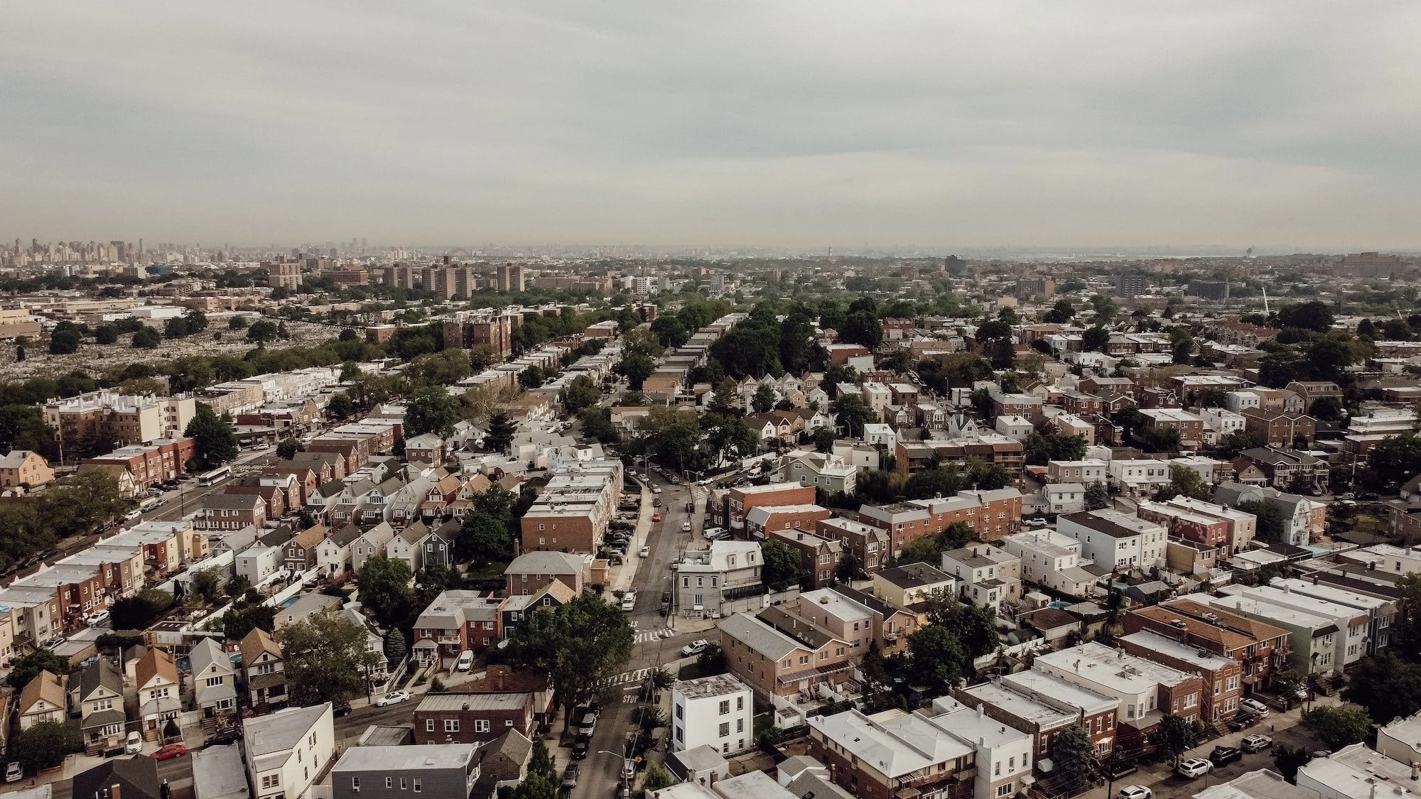 Aerial view of a low-rise residential neighborhood in Queens, New York