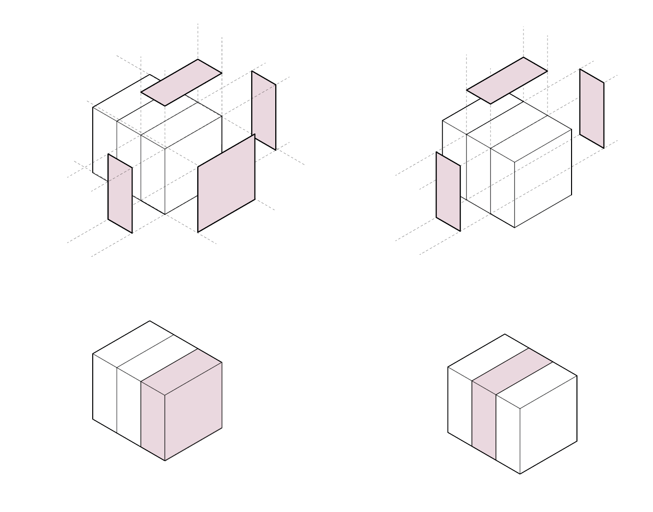 Diagrams comparing the exposed enclosure of corner-lot and interior-lot rowhouses