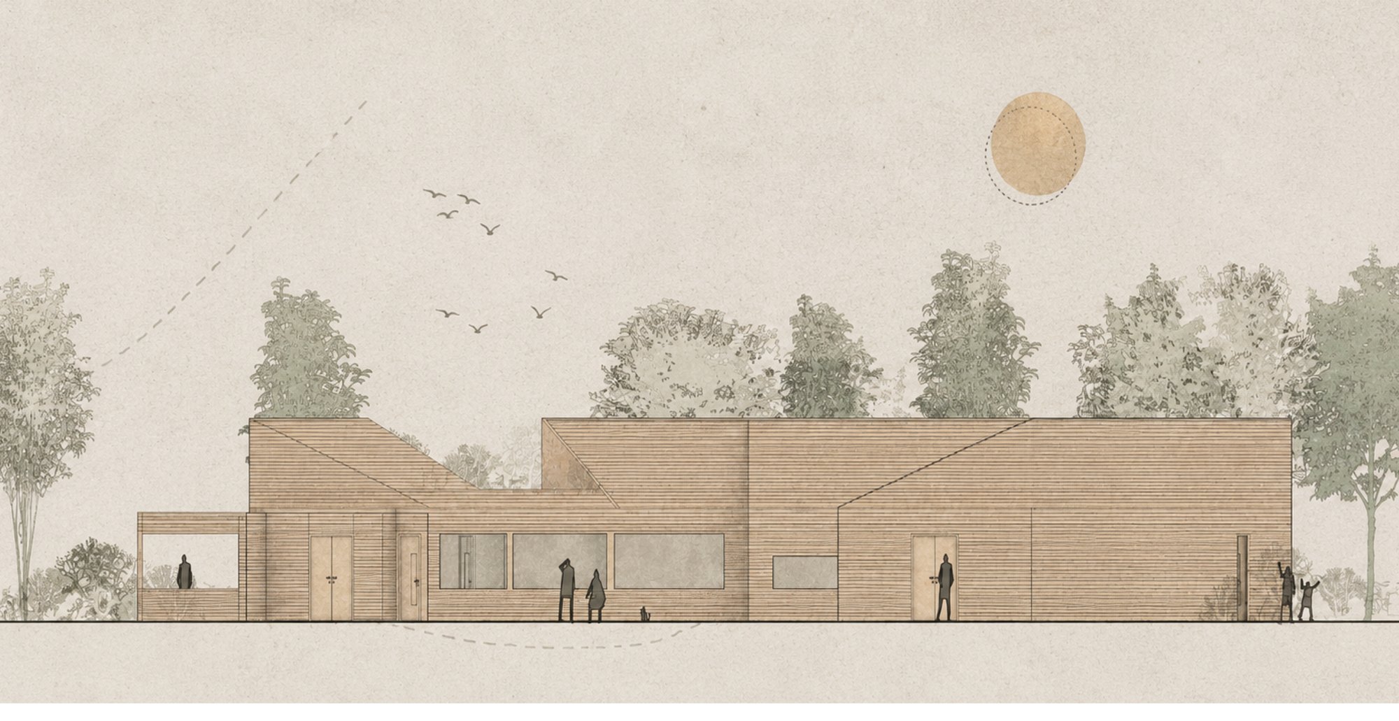 Elevation render of the curved timber learning centre.