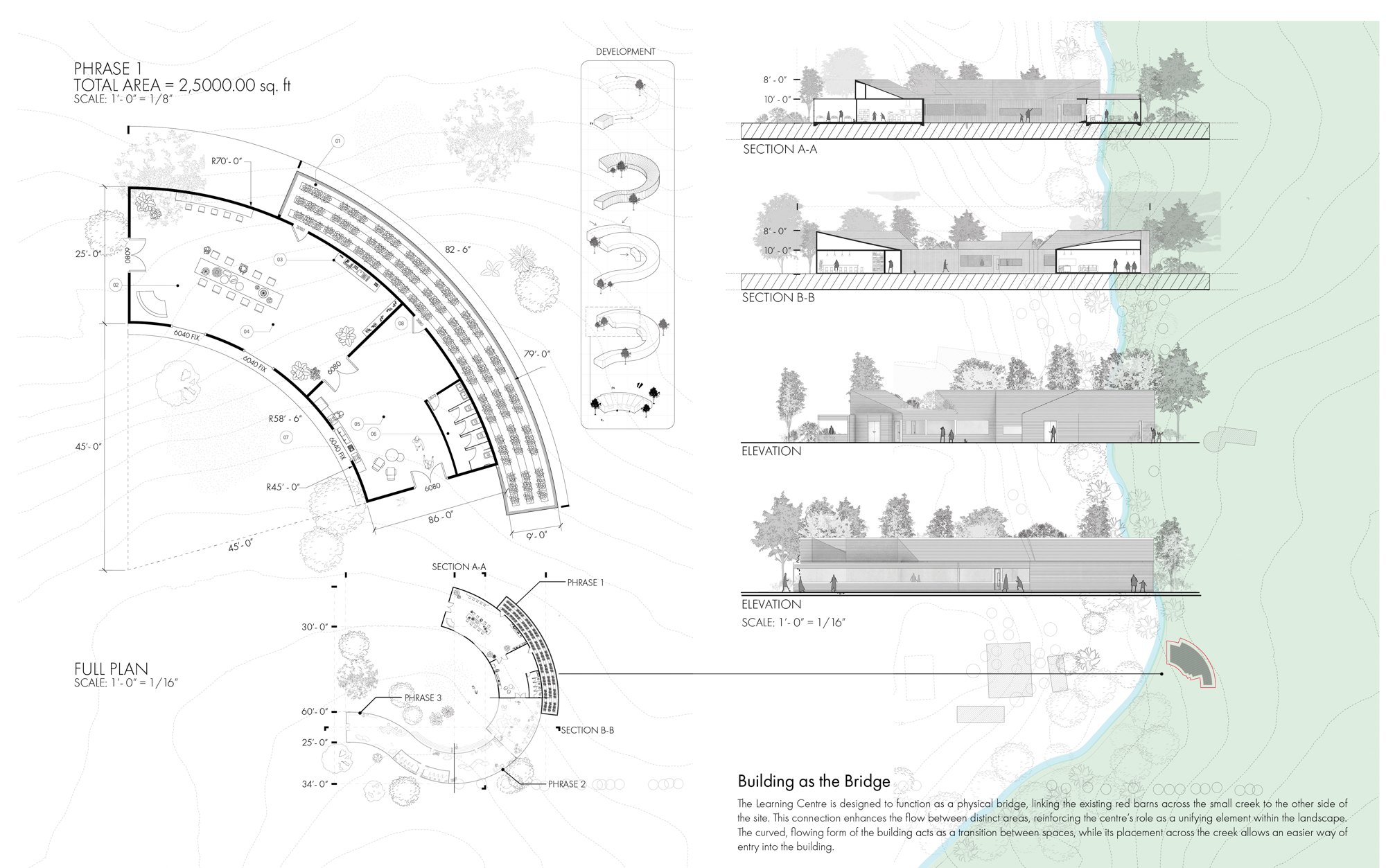 Plan, sections, and the 'building as a bridge' concept.