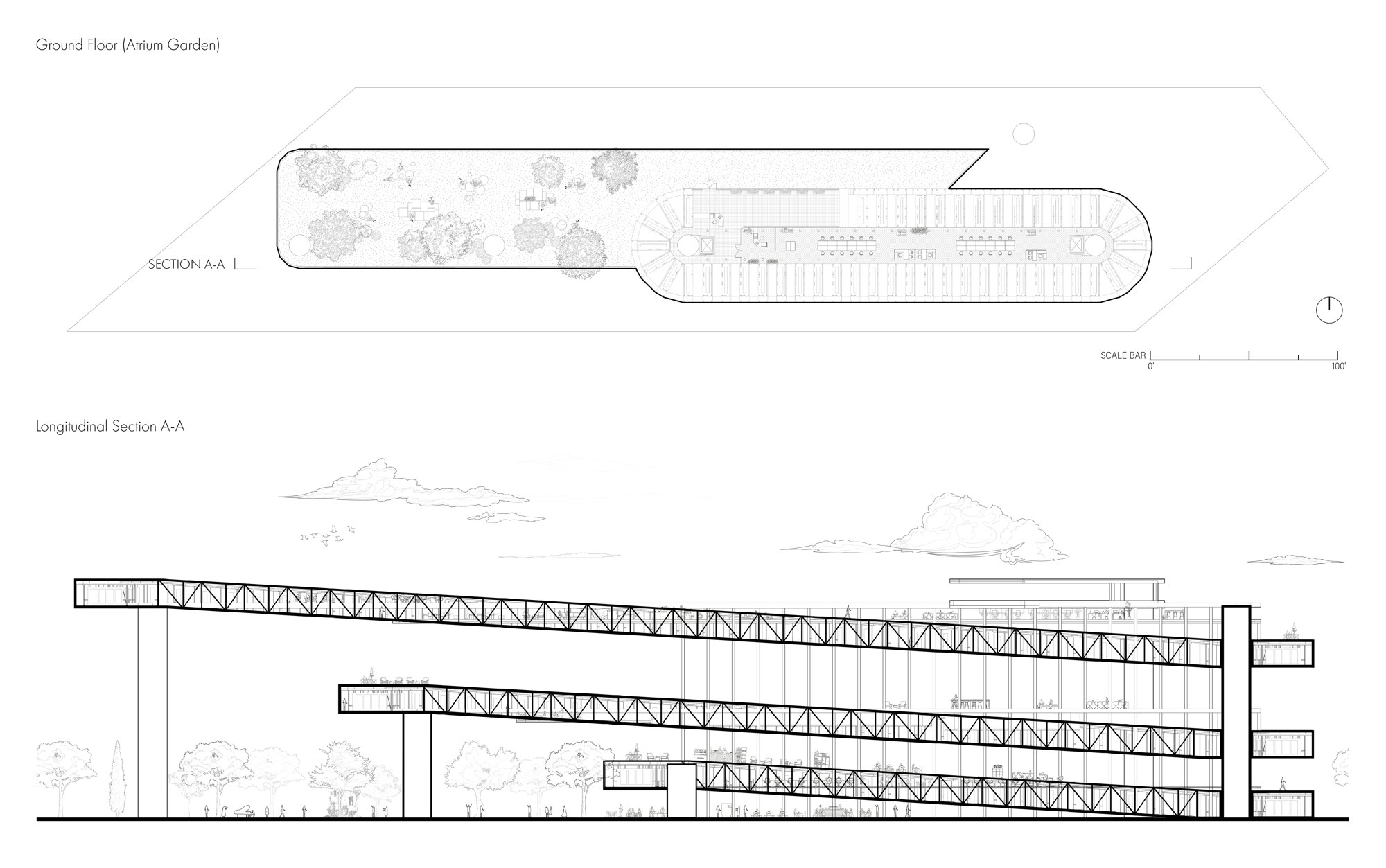 Ground-floor plan and longitudinal section.