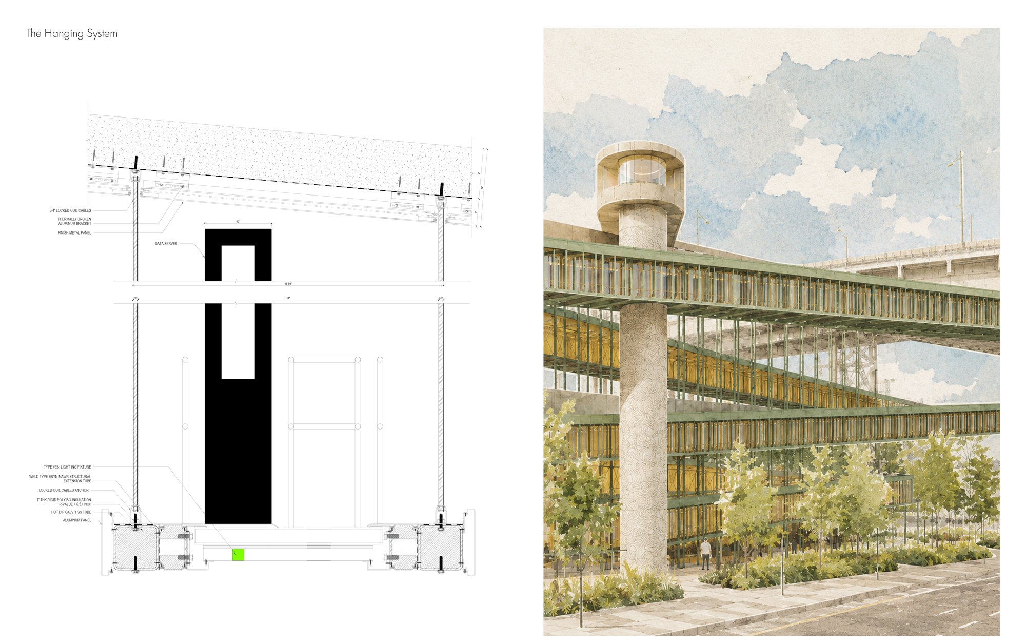 The Hanging System detail and tower perspective.