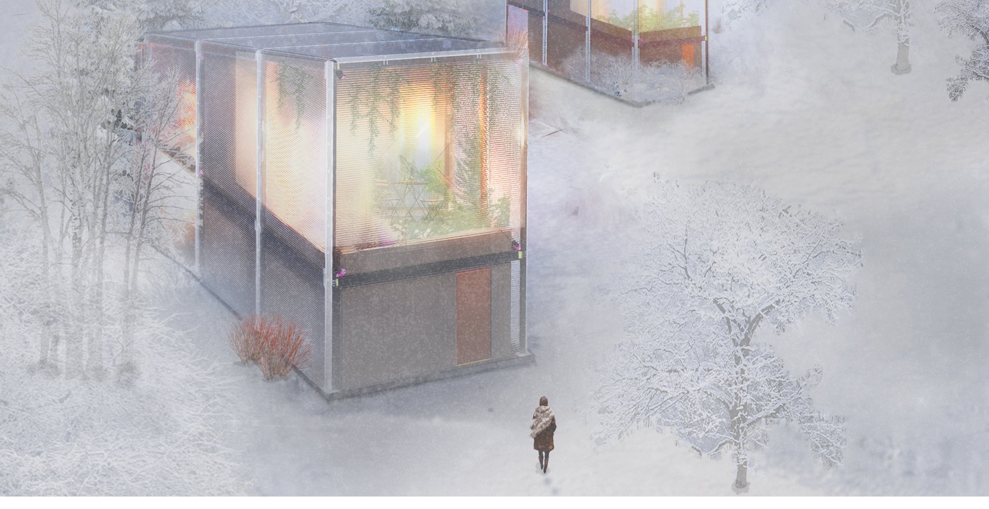 Off-grid dwelling in the winter landscape.